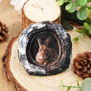 Wooden animal tree hole photo frame fridge magnet detail shot showing cute rabbit decor.