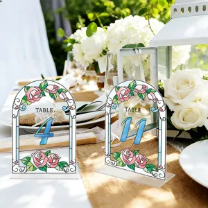 Acrylic arch table numbers for wedding reception decor, decorative stained glass rose signs.
