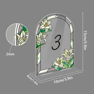 Acrylic arched table number sign with lily floral stained glass style design for weddings.