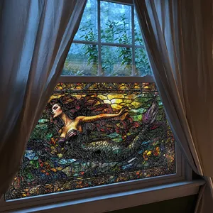 3D Buntglas Fensterfolie dekorative Meerjungfrau statische Haftung Aufkleber fuer Glasfenster
