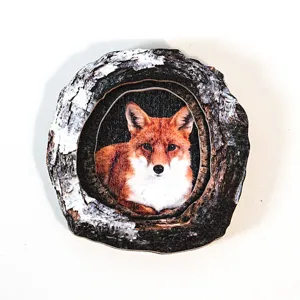 Wooden fox tree hollow magnetic sticker for home decor, detailed wood slice design craft.