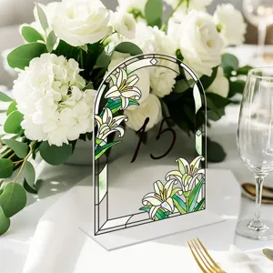 Acrylic wedding table number sign featuring stained glass lily flower design for party decor.