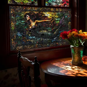 Buntglas Fensterfolie 3D dekorativer Aufkleber Meerjungfrau Kunst Heimdekor statisch