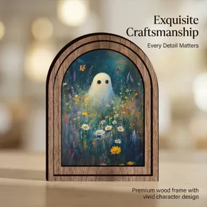 Quadro in legno con cornice ad arco di Halloween con simpatico fantasma e fiori di campo.