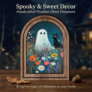 Segnale Sospeso da Parete in Legno di Halloween Fantasma e Gatto Nero Stile Campagnolo Decorazione d'Arte Murale 3D per Festa