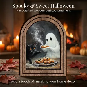 Cadre Photo en Bois Halloween Fantôme Chat Noir Sticker Mural Mignon Saisonal Vacances Décoration Intérieure Ornement de Table