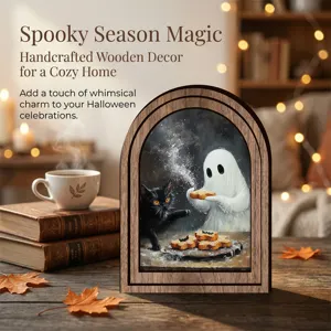 Décoration de cadre en bois d'Halloween avec illustration de fantôme et chat pour la maison.