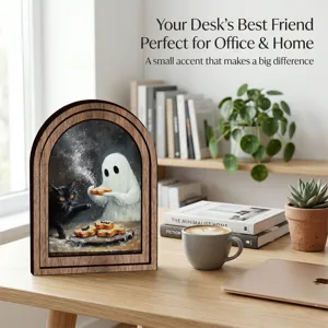 Cadre photo en bois Halloween panneau de table fantome chat noir decoration rustique bureau