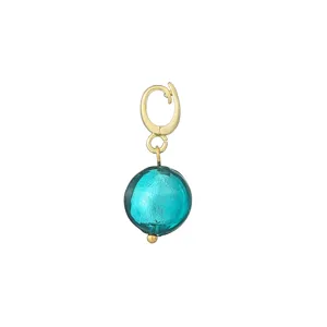 Close-up detail of a glossy teal glass bead charm with gold clasp pendant accessory.