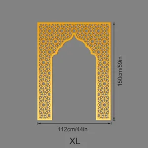 Gold acrylic mirror wall sticker detail view showing Islamic arch geometric pattern size.