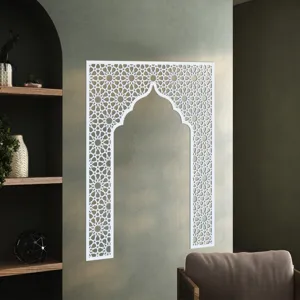 Middle Eastern style geometric arch wall sticker, white hollow decorative panel for interior decor.