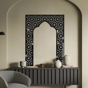 Detailed view of Islamic arch geometric star mirror wall sticker in modern interior.