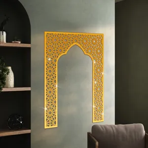 Gold acrylic mihrab wall sticker detail, Middle Eastern geometric arch mirror decor accent.