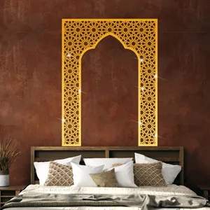 Gold acrylic mirror wall sticker with Islamic geometric arch design for elegant home decor.