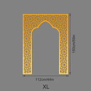 Detail view of the golden acrylic Mihrab wall sticker featuring Islamic geometric arch.