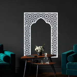 Close-up of Islamic geometric mirror wall sticker in a modern room, intricate arch design.