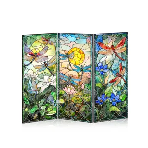 Vue détaillée du paravent pliante en acrylique miniature avec libellules et fleurs de lotus.