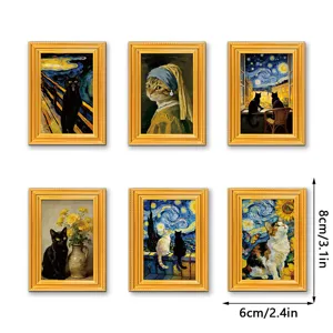 Set of 6 mini wooden art frame fridge magnets featuring funny cat parodies for home decor.