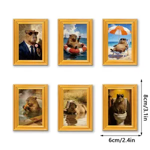 Detail view of funny capybara mini wooden photo frame fridge magnets, set of 6 unique styles.