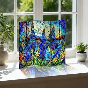 Mini paravent pliant en acrylique décoration de table motif floral vitrail pour la maison