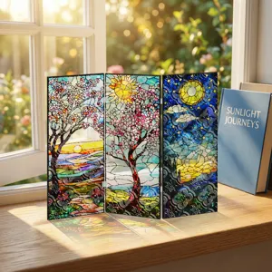 Mini paravent pliant en acrylique style vitrail décoration de bureau avec paysages.