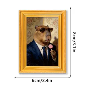 Cute capybara wooden fridge magnet with gold vintage photo frame, funny animal decor for home.