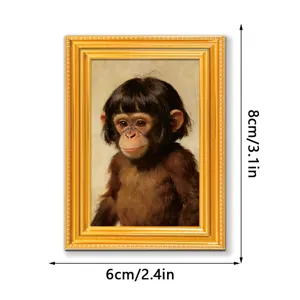 Vintage wooden photo frame fridge magnet with funny chimpanzee art portrait decor 8x6cm
