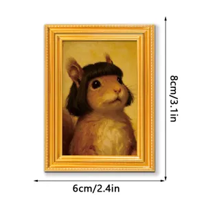 Quirky funny squirrel photo frame fridge magnet, vintage gold 3D wooden home decoration.