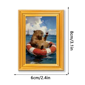 Funny capybara wooden fridge magnet with gold frame, cute animal home decor 8x6cm
