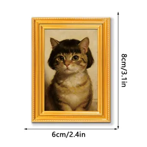 Detailed view of a funny cat portrait wooden picture frame fridge magnet, 8x6cm home decor.