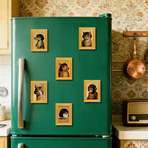 Funny vintage animal portrait fridge magnets set with gold frames for home kitchen decor detail