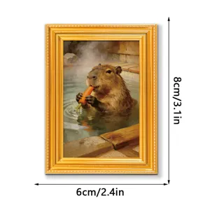 Cute capybara wooden photo frame fridge magnet, funny animal hot spring decor 8x6cm.