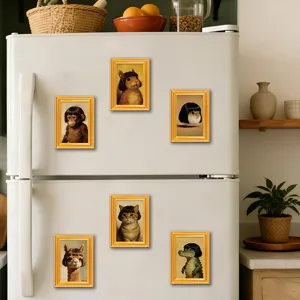 Funny vintage animal fridge magnets with golden frames, creative kitchen home decor details.