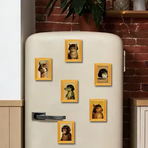 Funny animal portrait fridge magnets with vintage gold frames for home kitchen decor