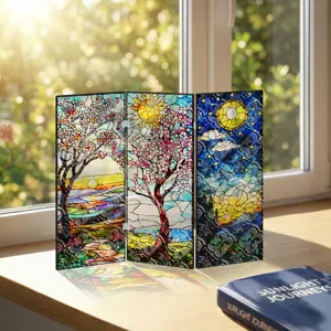 Détail du mini paravent pliant en acrylique aux motifs artistiques et vitraux éclatants.