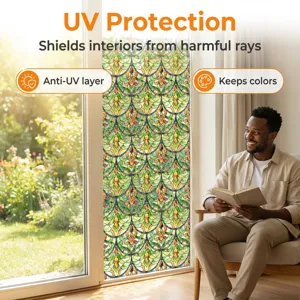 Gedetailleerd overzicht van de 3D in reliëf gemaakte bloemen statische raamfolie op glas.