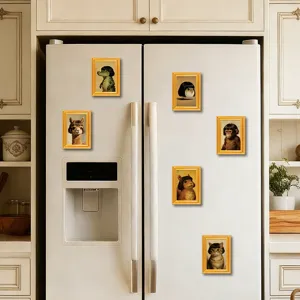 Funny 3D wooden photo frame fridge magnets featuring quirky animal portraits, perfect for kitchen decor.