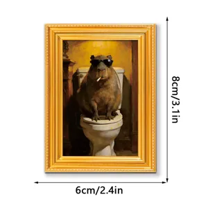 Funny Capybara wooden fridge magnet with gold frame, quirky animal toilet art decor 8x6cm