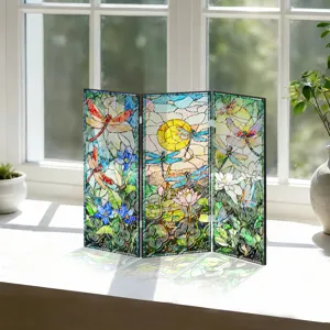 Mini paravent pliable en acrylique à 3 panneaux, décoration de table libellule lotus