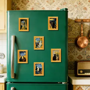 Cat art fridge magnets set, funny wooden photo frame magnetic stickers for kitchen home decor.