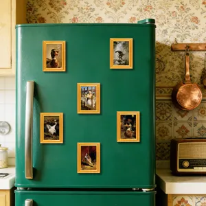 Close-up view of funny duck and goose fridge magnets displayed on a vintage green refrigerator.