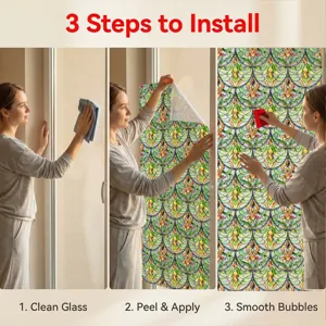Installatiedetail met 3 eenvoudige stappen om de 3D-raamfolie op glas aan te brengen.