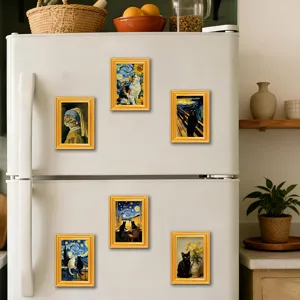 3D wooden photo frame fridge magnets featuring funny cat art, perfect for kitchen decor.