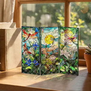 Vue détaillée du mini paravent pliante en acrylique translucide décoration de table libellule.