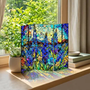 Mini paravent pliant en acrylique translucide decoration de bureau design vitrail floral.
