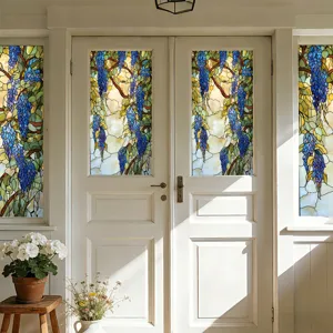 Stained glass wisteria window film detail, elegant blue floral pattern for home decor glass.