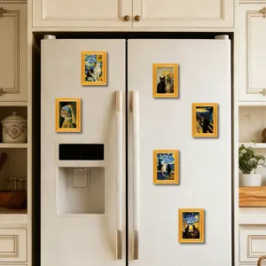 Funny art cat 3D wooden photo frame fridge magnet, creative classic painting parody home decor.