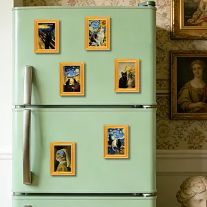 Cute cat art fridge magnets miniature wooden picture frames vintage home decor magnetic stickers