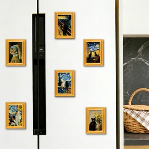 Creative cat parody art fridge magnets set, vintage wooden frame magnetic decor for kitchen.