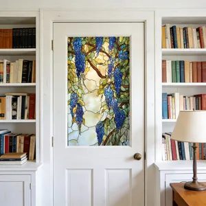 Stained glass window film with wisteria flower design, static cling glass sticker for home decor.